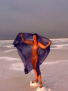 Beautiful sunset scenery by a shawl on a salt lake